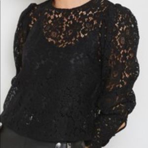 Mango Black Lace Top Sheer Long Sleeve Large Keyhole‎ Back Buttons